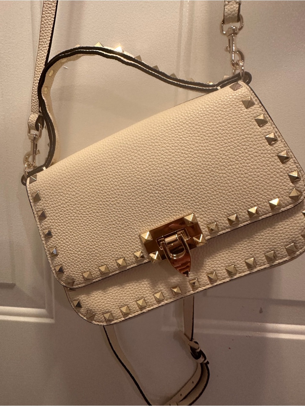 Cream Pebbled Shoulder Bag with Gold Pyramid Studs